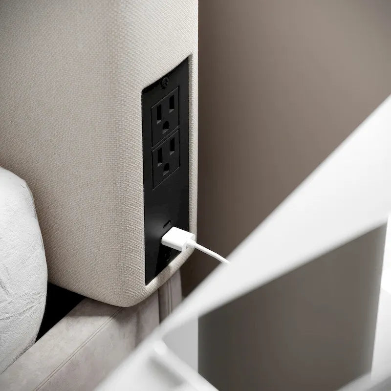 Upholstered Headboard with 2 Power Outlets, 1 USB, 1 USB-C Port