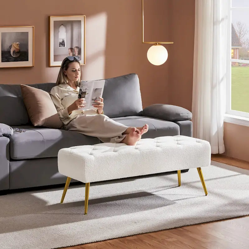 Upholstered Footstool Velvet Ottoman Button-Tufted Table Bench - 451617