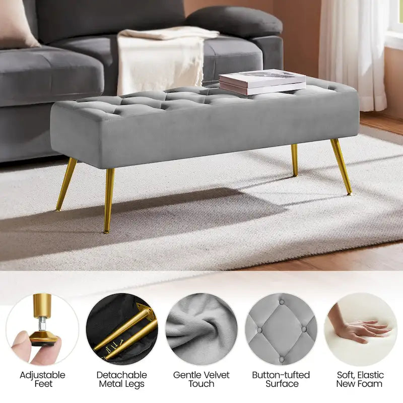 Upholstered Footstool Velvet Ottoman Button-Tufted Table Bench - 451617