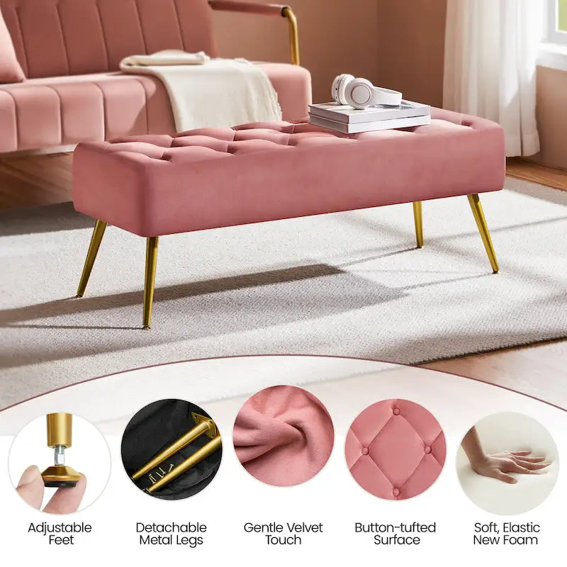 Upholstered Footstool Velvet Ottoman Button-Tufted Table Bench - 451617