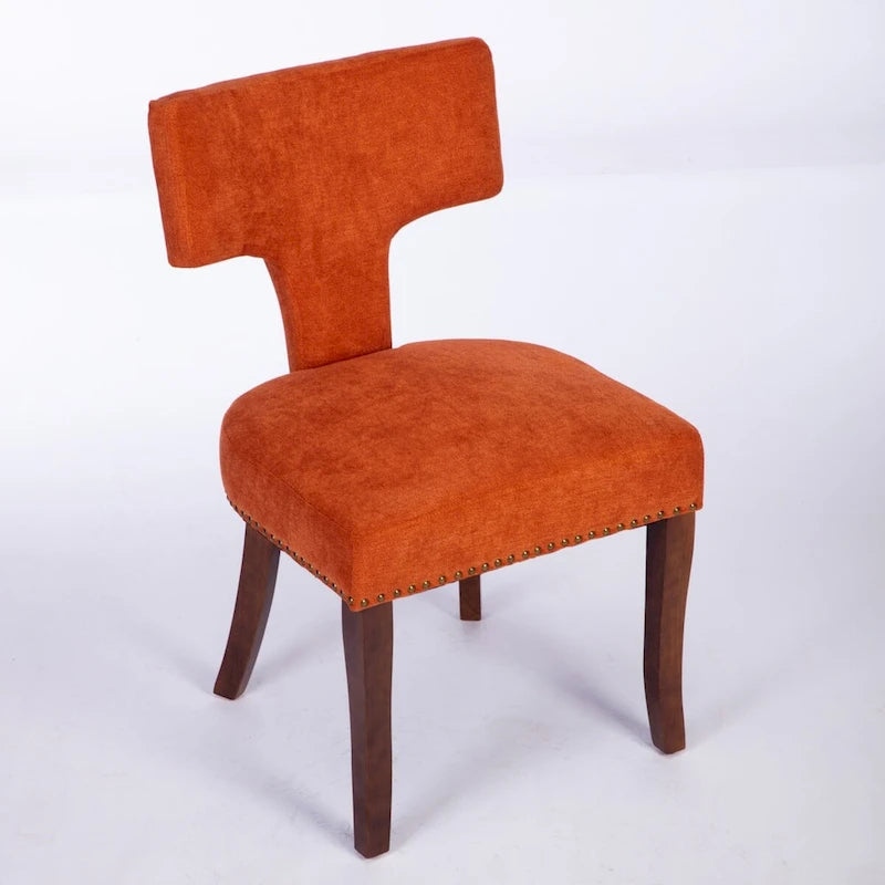 Modern Dining Chairs Set of 2, Farmhouse Linen Fabric Upholstered Accent Chair Curved Backrest with Copper Nails around