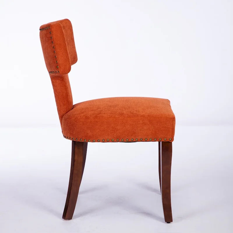 Modern Dining Chairs Set of 2, Farmhouse Linen Fabric Upholstered Accent Chair Curved Backrest with Copper Nails around