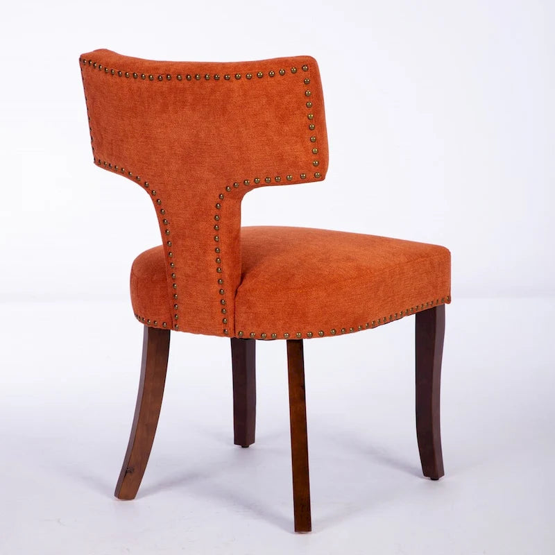 Modern Dining Chairs Set of 2, Farmhouse Linen Fabric Upholstered Accent Chair Curved Backrest with Copper Nails around