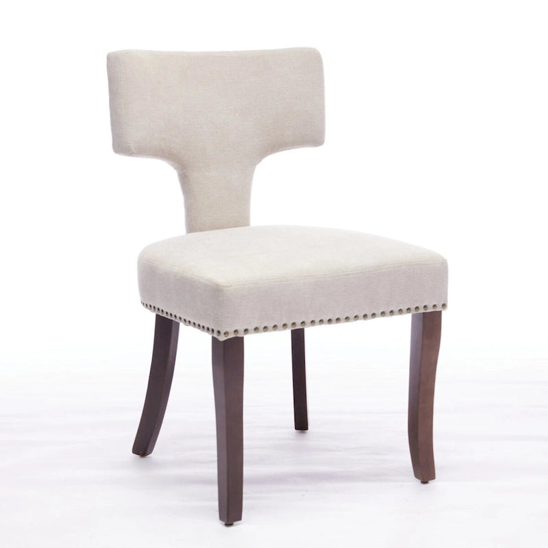 Modern Dining Chairs Set of 2, Farmhouse Linen Fabric Upholstered Accent Chair Curved Backrest with Copper Nails around