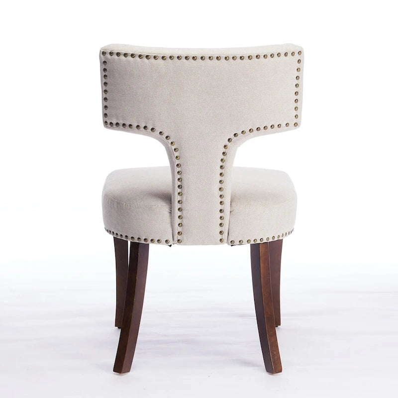 Modern Dining Chairs Set of 2, Farmhouse Linen Fabric Upholstered Accent Chair Curved Backrest with Copper Nails around