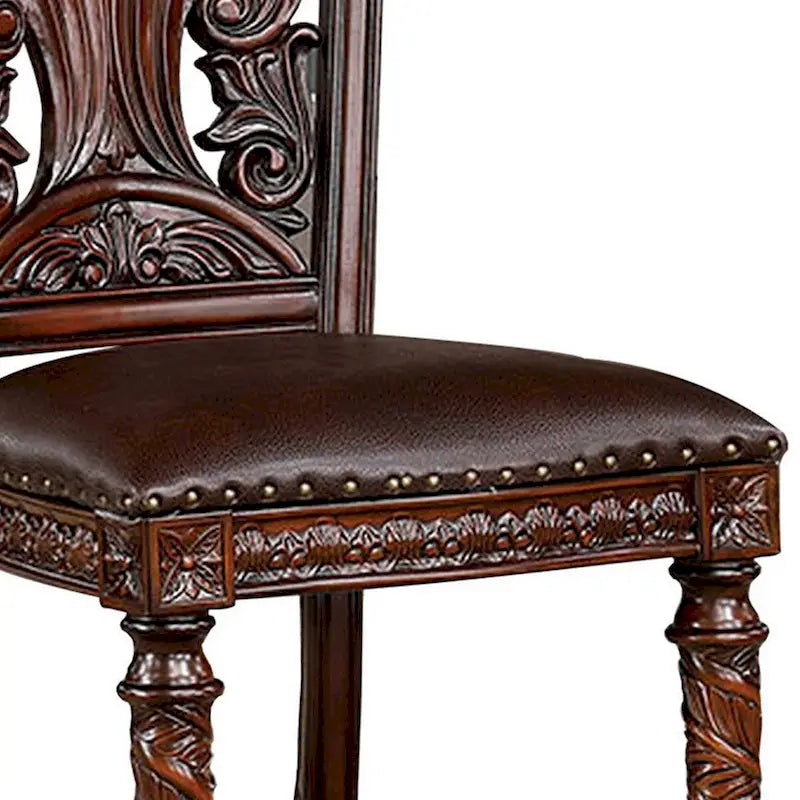 22 Inch Carved Dining Chair, Set of 2, Faux Leather Seat, Nailhead Trim