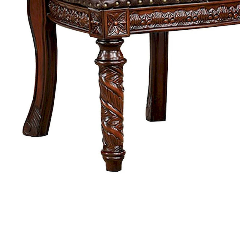 22 Inch Carved Dining Chair, Set of 2, Faux Leather Seat, Nailhead Trim