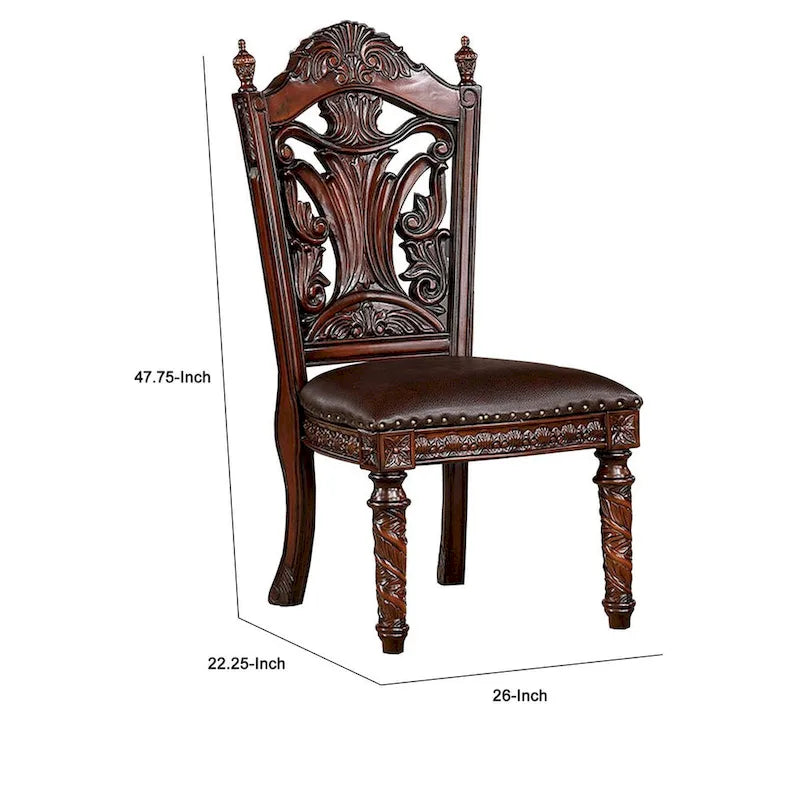22 Inch Carved Dining Chair, Set of 2, Faux Leather Seat, Nailhead Trim