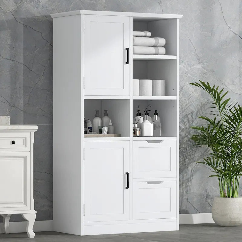 Bathroom Storage Cabinet with Doors and Drawers, Open Shelve, Adjustable Shelf